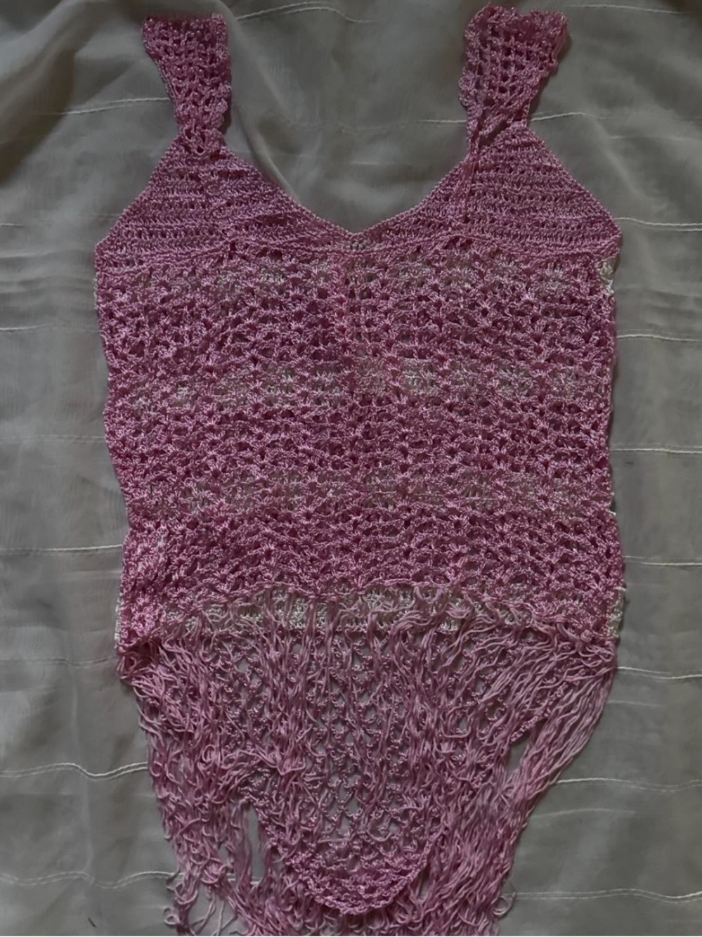 Cache Pink and White Crochet Fringe Beaded Tank - Picture 4 of 6
